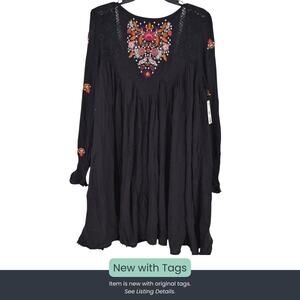 Free People Embroidered Boho Mini Dress Black Long Sleeve Size